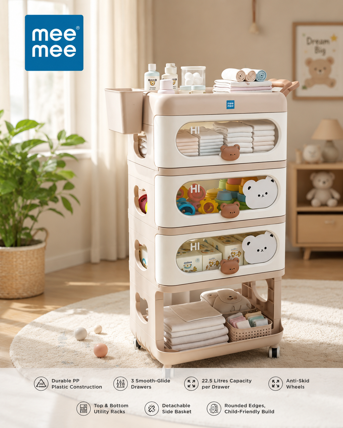 My Teddy 3 Drawer Storage Organizer with Wheels & Side Basket | Kids Room & Nursery Storage Cabinet
